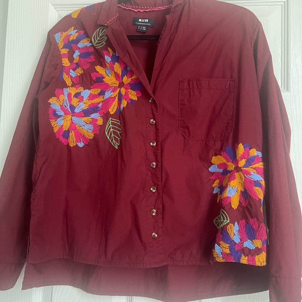 Maeve by Anthropologie Floral Embroidered Wine Button Down , Size 8, NWOT
